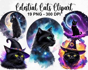 Watercolor Celestial Witchy Cats Clipart, 19 PNG Celestial Black Cat Clipart, Fantasy Clipart, Magical Clipart, Black Cats, Commercial Use