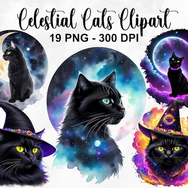 Watercolor Celestial Witchy Cats Clipart, 19 PNG Celestial Black Cat Clipart, Fantasy Clipart, Magical Clipart, Black Cats, Commercial Use