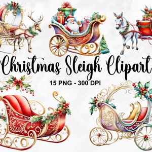 Clipart de trenó de Natal em aquarela, 15 PNG clipart de trenó de Papai Noel, clipart de trenó vermelho, clipart de Natal, clipart de férias, uso comercial