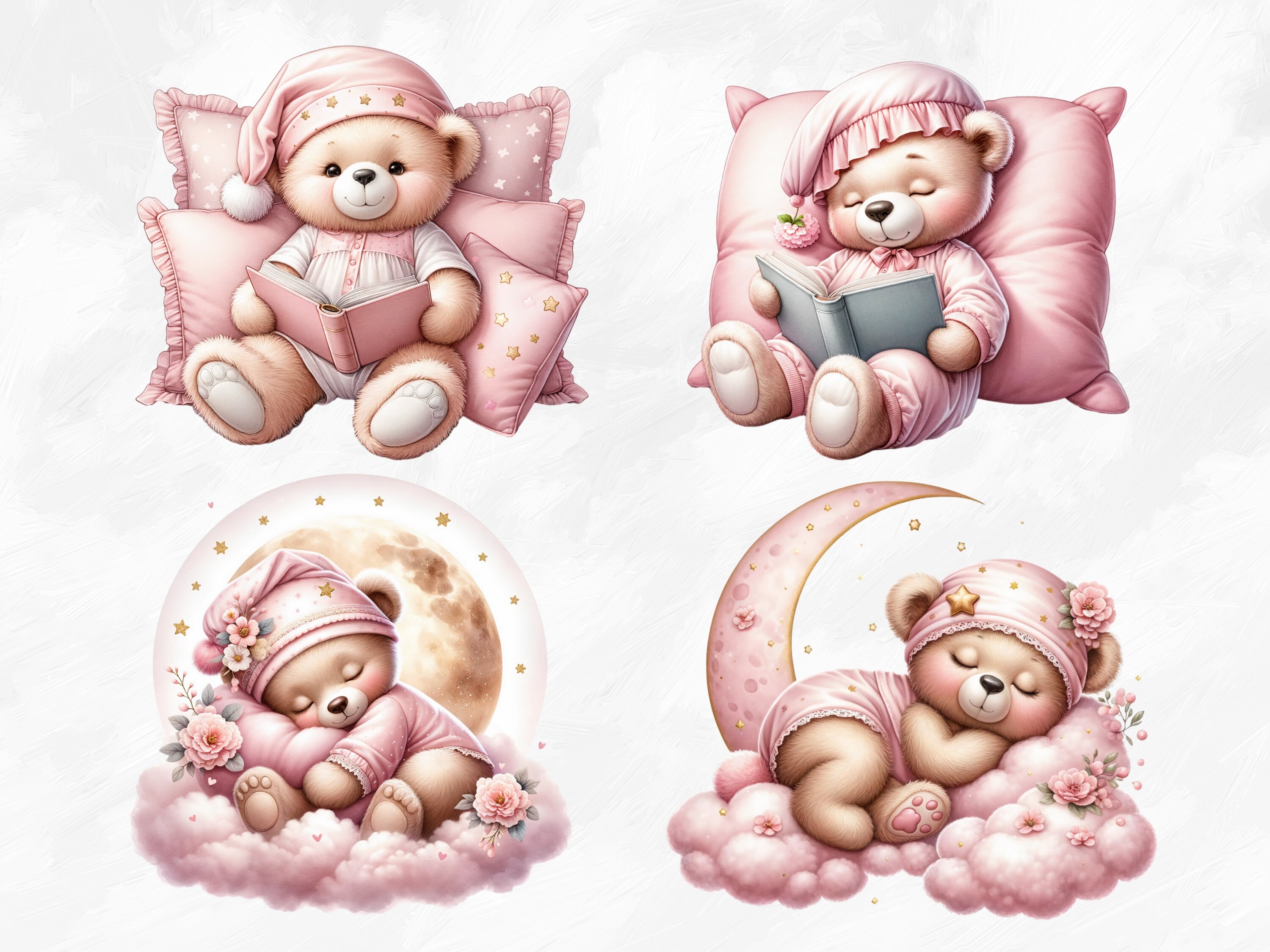 Watercolor Pink Sleepy Teddy Bear Clipart, 23 PNG Cute Baby Bear ...