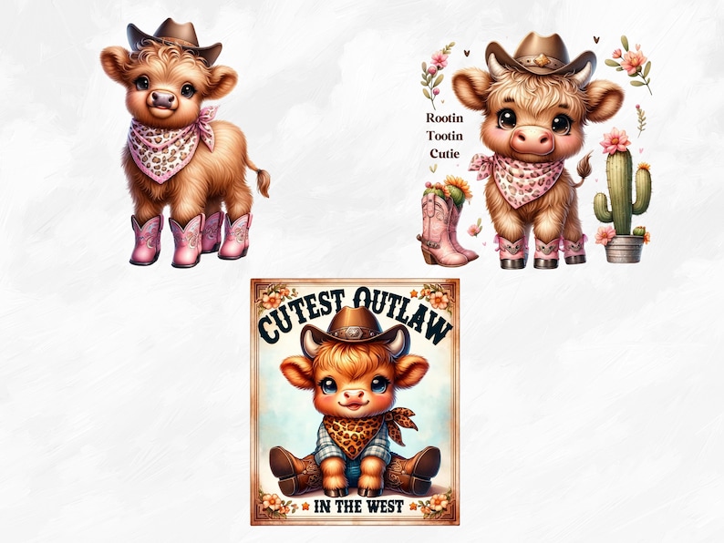 Puede incluir: Tres ilustraciones de una vaca de dibujos animados linda con un sombrero de vaquero y una bandana rosa. La primera vaca est&aacute; de pie con botas de vaquero rosas. La segunda vaca est&aacute; de pie con botas de vaquero rosas y un cactus detr&aacute;s de ella. La tercera vaca est&aacute; sentada con botas de vaquero rosas y un cartel que dice "Cutest Outlaw in the West".