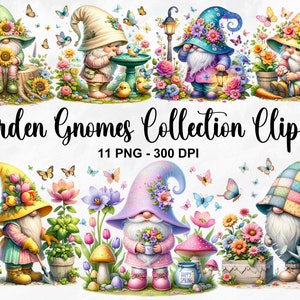 Clipart della collezione di gnomi da giardino dell'acquerello, 11 PNG Spring Garden Clipart, Clipart da giardino, Gnomi PNG, Pacchetto Gnomi primaverili, Uso commerciale