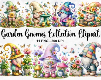 Watercolor Garden Gnomes Collection Clipart, 11 PNG Spring Garden Clipart, Garden Clipart, Gnomes PNG, Spring Gnome Bundle, Commercial Use