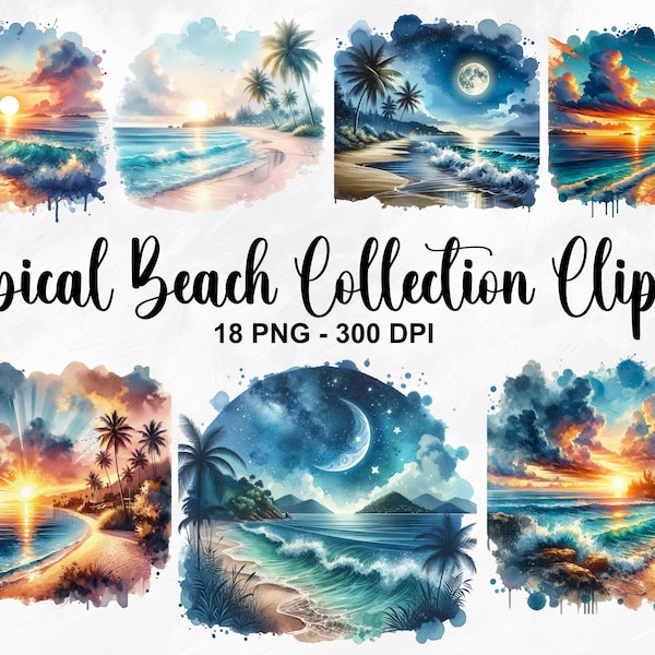 Aquarell Tropical Beach Collection Clipart, 18 PNG Strand Clipart, Tropischer Sonnenuntergang Clipart, Strand Clipart, Sommer Clipart, kommerzielle Nutzung