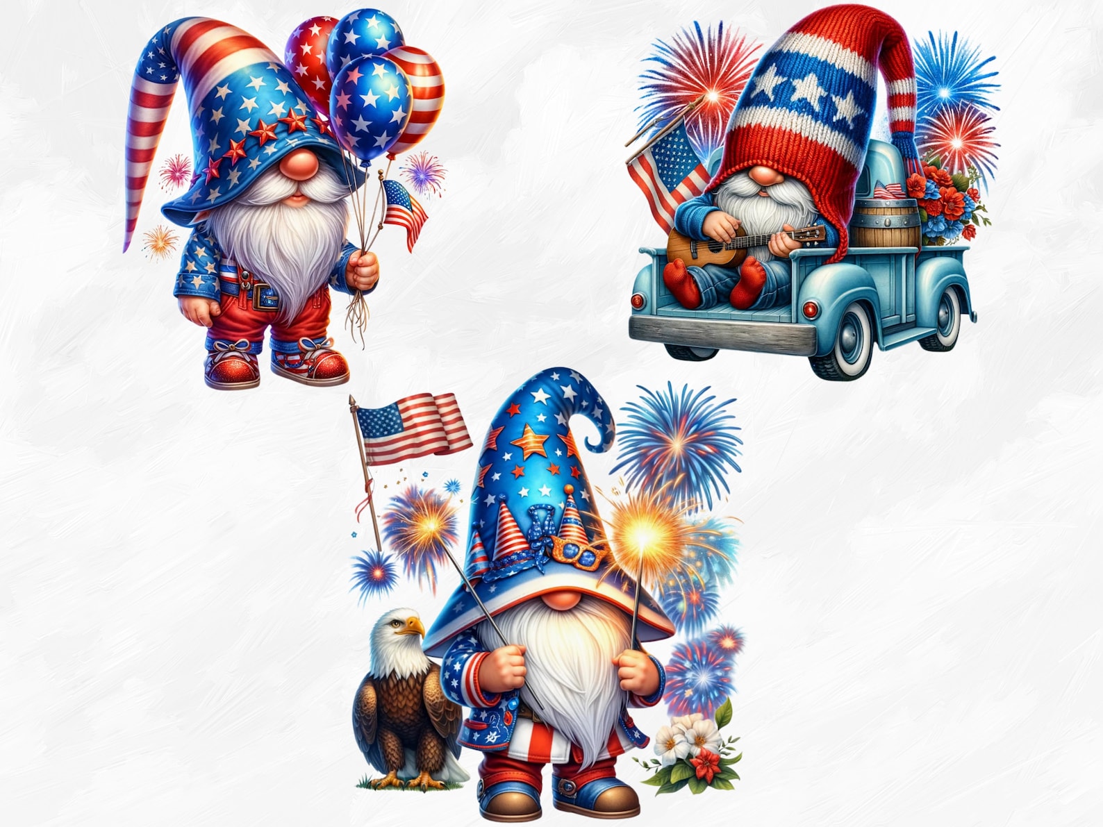 Watercolor 4th of July Gnomes Clipart, 11 PNG Patriotic Gnome Clipart ...