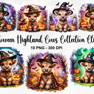 水彩ハロウィーン ハイランド牛コレクション クリップアート、10 PNG ハロウィーン クリップアート、ジャックオーランタン、ハロウィーン牛クリップアート バンドル、商用利用
