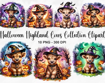 Acuarela Halloween Highland Cow Collection Clipart, 10 PNG Halloween Clipart, Jack-O-Lantern, Paquete de imágenes prediseñadas de vaca de Halloween, Uso comercial