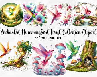May include: A digital clipart collection of 11 images featuring colorful hummingbirds in a whimsical forest setting. The images include a hummingbird flying in a moonlit forest, a hummingbird with pink and blue flowers, a hummingbird with glowing mushrooms, and a hummingbird with a raccoon in a tree stump.