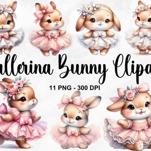 Aquarell Ballerina Bunny Clipart, 11 PNG Floral Bunny Clipart, Ballett-Hasen im Tutu-Kleid, Baby-Kaninchen PNG, Kindergarten PNG, kommerzielle Nutzung