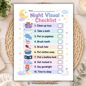 May include: A Night Visual Checklist printed on white paper featuring ten bedtime tasks with colorful icons including a teddy bear, bathtub, pajamas, toothbrush, hairbrush, laundry basket, book, pillow, and moon, with checkboxes for each item.
