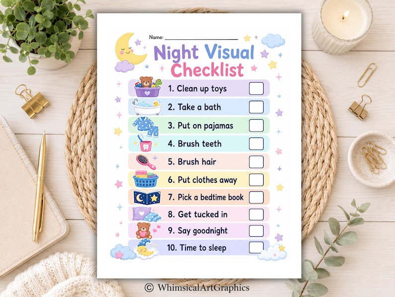 May include: A Night Visual Checklist printed on white paper featuring ten bedtime tasks with colorful icons including a teddy bear, bathtub, pajamas, toothbrush, hairbrush, laundry basket, book, pillow, and moon, with checkboxes for each item.