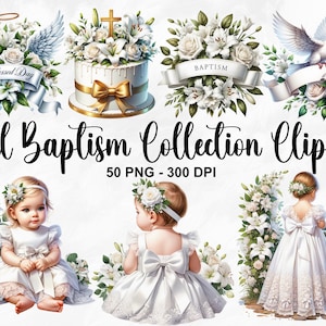 Aquarel meisje doop collectie clipart, 50 PNG doop clipart, baby meisje doop clipart, doop partij bundel, commercieel gebruik