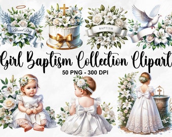May include: A collection of digital clipart images for a baptism. The images include a white cake with a gold bow, a white dove with wings spread, a white flower arrangement with a banner that says "Baptism", a white flower arrangement with a banner that says "Blessed Day", and two girls in white dresses. The images are perfect for creating invitations, cards, and other crafts.