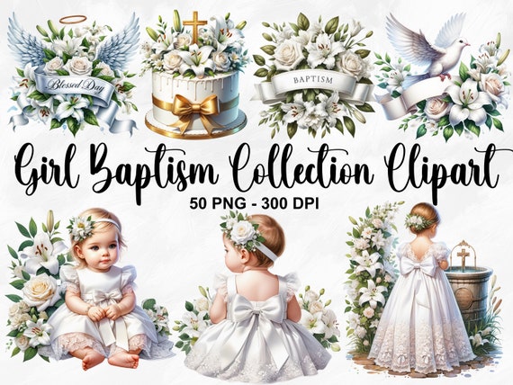 Watercolor Girl Baptism Collection Clipart, 50 PNG Christening Clipart, Baby Girl Baptism Clipart, Baptism Party Bundle, Commercial Use