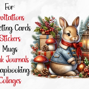 Puede incluir: Un lindo conejito marr&oacute;n con una chaqueta vaquera azul y una bufanda roja se sienta en una escena invernal con bayas rojas, pi&ntilde;as, champi&ntilde;ones y una linterna. El texto "For: Invitations Greeting Cards Stickers Mugs Junk Journals Scrapbooking Collages" est&aacute; escrito en negro sobre un fondo blanco.