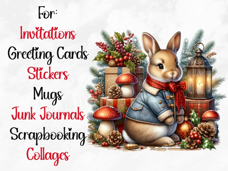Puede incluir: Un lindo conejito marr&oacute;n con una chaqueta vaquera azul y una bufanda roja se sienta en una escena invernal con bayas rojas, pi&ntilde;as, champi&ntilde;ones y una linterna. El texto "For: Invitations Greeting Cards Stickers Mugs Junk Journals Scrapbooking Collages" est&aacute; escrito en negro sobre un fondo blanco.