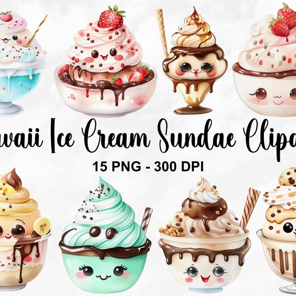 Watercolor Kawaii Ice Cream Sundae Clipart, 15 PNG Ice Cream Sundae Clipart, Dessert Clipart, Watercolor Kawaii Clipart, Commercial Use