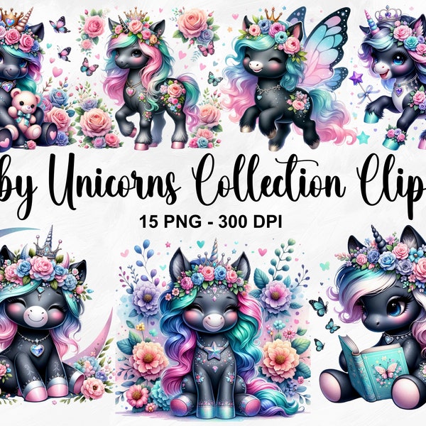 Watercolor Baby Unicorns Collection Clipart, 15 PNG Unicorn Clipart, Baby Unicorn PNG, Rainbow Unicorn, Magic Unicorn Bundle, Commercial Use