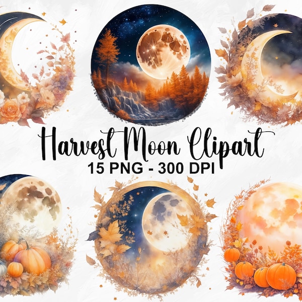 Watercolor Autumn Harvest Moons Clipart, 15 PNG Watercolor Moons Clipart, Autumn Clip Art, Floral Moons Clipart, Moon Art, Commercial Use