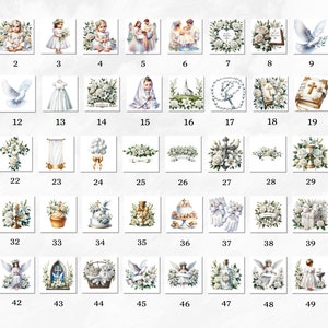 May include: A collection of 50 images featuring various religious symbols and imagery, including doves, crosses, flowers, and children. The images are in a white and gold color scheme and are suitable for use in religious crafts, scrapbooking, or card making.
