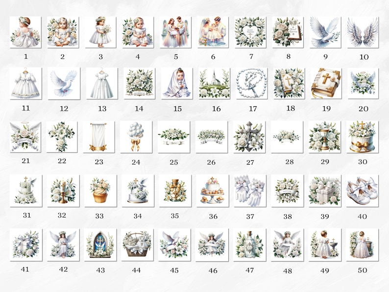 May include: A collection of 50 images featuring various religious symbols and imagery, including doves, crosses, flowers, and children. The images are in a white and gold color scheme and are suitable for use in religious crafts, scrapbooking, or card making.
