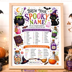 Könnte beinhalten: Ein gerahmtes Halloween-Aktivitätsposter mit dem Titel Brew Your Spooky Name, das bunte Illustrationen einer schwarzen Katze, eines Kessels, Zaubertränken und eines Geistes zeigt. Der Text listet Zutaten basierend auf Namen und Geburtsmonaten auf.