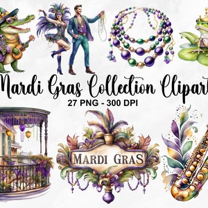 Clipart de coleção de carnaval em aquarela, 27 PNG clipart de flor de lis, colar de contas, terça-feira gorda PNG, clipart de Nova Orleans, uso comercial