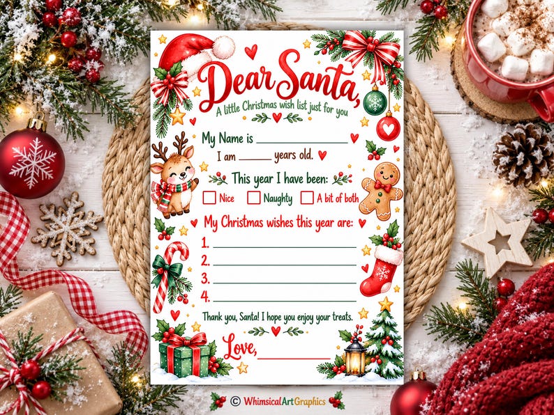 Dear Santa Letter Printable, Christmas Wish List for Kids, Holiday ...