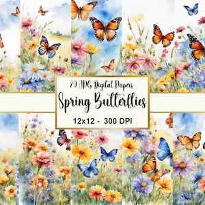 Aquarell Frühling Schmetterlinge Digitales Papier, Blumen Schmetterling Junk Journal Kit, Schmetterling Garten Hintergrund, Frühlingsblumen Scrapbook Seiten