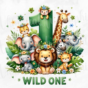 Colección de cumpleaños de Wild One, Wild One PNG, diseño infantil de animales de la jungla de safari para primer cumpleaños, PNG de cumpleaños de animales del bosque, uso comercial