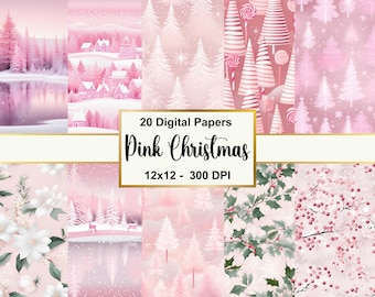Pink Christmas Digital Paper, Printable Pink Christmas Paper, Pink Christmas Ephemera, Scrapbooking, Junk Journal, Commercial Use