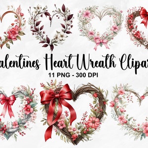 Aquarelle coeur Saint-Valentin Clipart, 11 PNG la Saint-Valentin fleurs sauvages des cliparts, la Saint-Valentin PNG, couronne de branche amour, usage Commercial