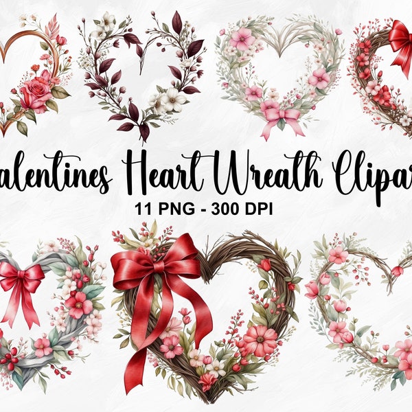 Watercolor Valentines Heart Wreath Clipart, 11 PNG Valentines Day Wildflower Clipart, Valentines Day PNG, Love Branch Wreath, Commercial Use