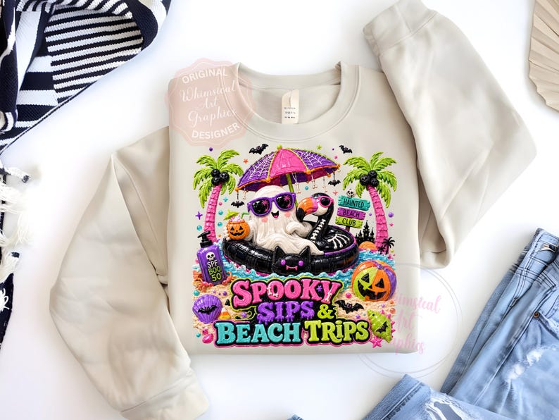 May include: Beige sweatshirt with a colorful graphic featuring a ghost and a skeleton bird in sunglasses, relaxing on a float under a pink umbrella. The text reads "Spooky Sips & Beach Trips". Palm trees, pumpkins, and bats complete the Halloween theme.