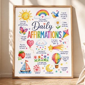 以下が含まれることがあります： 「Daily Affirmations」というタイトルの額入りポスター。太陽、虹、鳥、蝶、ハート型の風船、雲、凧、イチゴ、花、ヨット、封筒、月、熱気球などのカラフルな水彩画のイラストと、それぞれの肯定的なメッセージが書かれています。