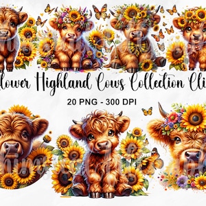 Watercolor Sunflower Highland Cows Clipart, 20 PNG Spring Flowers Clipart, Highland Cow And Flowers PNG, Spring Highland Cow, Commercial Use