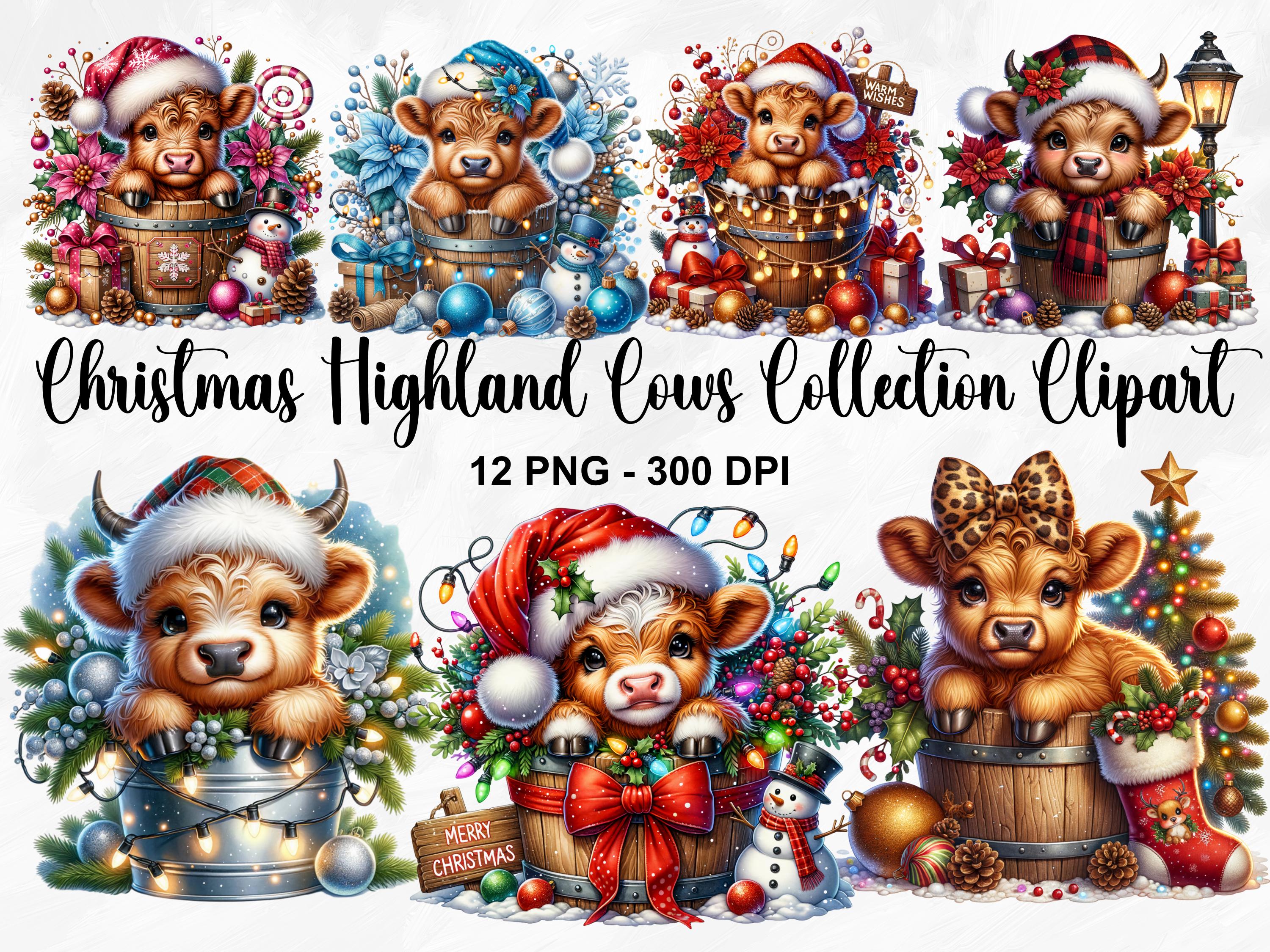 Watercolor Christmas Highland Cows Clipart, 12 PNG Christmas Clipart, Christmas Highland Cows In Bucket, Cute Christmas Cows, Commercial Use