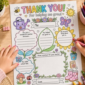 Puede incluir: Una colorida p&aacute;gina para colorear "Thank You" con el texto "For helping me grow!" e ilustraciones variadas, incluyendo una regadera, un sol, una mariposa y flores. La p&aacute;gina tiene secciones para completar para un profesor.