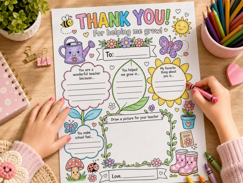 Puede incluir: Una colorida p&aacute;gina para colorear "Thank You" con el texto "For helping me grow!" e ilustraciones variadas, incluyendo una regadera, un sol, una mariposa y flores. La p&aacute;gina tiene secciones para completar para un profesor.