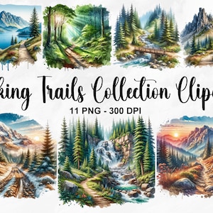 Aquarel wandelpaden collectie clipart, 11 PNG berglandschap clipart, buiten clipart, wandelen PNG, bergketen, commercieel gebruik