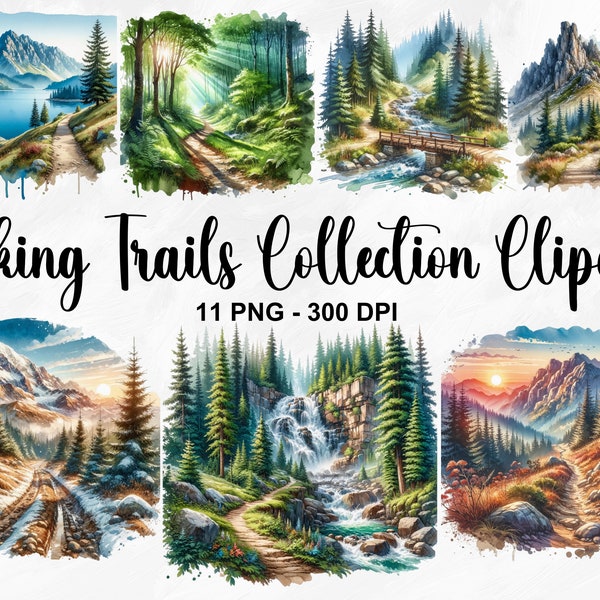 Watercolor Hiking Trails Collection Clipart, 11 PNG Mountain Landscape Clipart, Outdoor Clipart, Hiking PNG, Mountain Range, Commercial Use