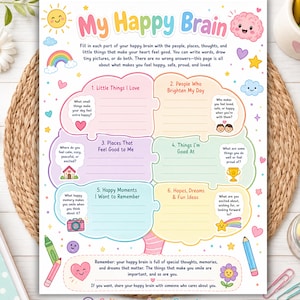 Könnte beinhalten: Ein My Happy Brain Aktivitätsblatt mit einer bunten Gehirngrafik aus Puzzleteilen, unterteilt in sechs Abschnitte zum Eintragen von Gedanken, Erinnerungen und Träumen. Die Seite enthält Illustrationen von Sonne, Regenbogen, Sternen, Herzen und Buntstiften.