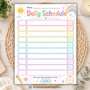 May include: A daily schedule planner sheet featuring a pastel rainbow color scheme, a smiling sun, a rainbow, and clouds. The header reads Daily Schedule with a name line. It includes ten rows with checkboxes and star icons, ending with the text Plan your day one step at a time.