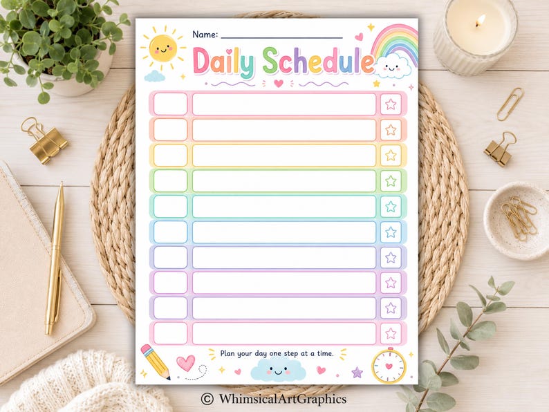 May include: A daily schedule planner sheet featuring a pastel rainbow color scheme, a smiling sun, a rainbow, and clouds. The header reads Daily Schedule with a name line. It includes ten rows with checkboxes and star icons, ending with the text Plan your day one step at a time.