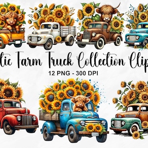 Aquarell rustikale Bauernhof LKW Sammlung Clipart, 12 PNG Sonnenblumen LKW Clipart, Bauer Herbst Clipart, Highland Kuh PNG, kommerzielle Nutzung