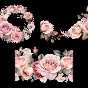 May include: A set of four watercolor illustrations featuring pink roses with green leaves and stems. The illustrations are arranged in a wreath, a border, and two corner arrangements.