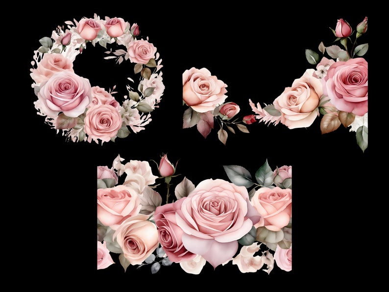 May include: A set of four watercolor illustrations featuring pink roses with green leaves and stems. The illustrations are arranged in a wreath, a border, and two corner arrangements.