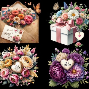 May include: Four digital illustrations of floral arrangements with different heart-shaped charms. The first image shows a bouquet of flowers in a vintage envelope with the text "Happy Mother's Day". The second image shows a bouquet of flowers with a white gift box tied with a pink ribbon. The third image shows a bouquet of flowers with a charm that says "The Best Mom". The fourth image shows a bouquet of flowers with a charm that says "#1 Mom".