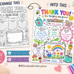 Puede incluir: Una tarjeta imprimible de "Gracias" para profesores, con un dise&ntilde;o colorido con flores, un arco&iacute;ris y el texto "&iexcl;Por ayudarme a crecer!". Incluye espacio para personalizaci&oacute;n y un dibujo. La tarjeta mide 21,6 x 27,9 cm.