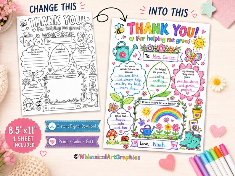 Puede incluir: Una tarjeta imprimible de "Gracias" para profesores, con un dise&ntilde;o colorido con flores, un arco&iacute;ris y el texto "&iexcl;Por ayudarme a crecer!". Incluye espacio para personalizaci&oacute;n y un dibujo. La tarjeta mide 21,6 x 27,9 cm.
